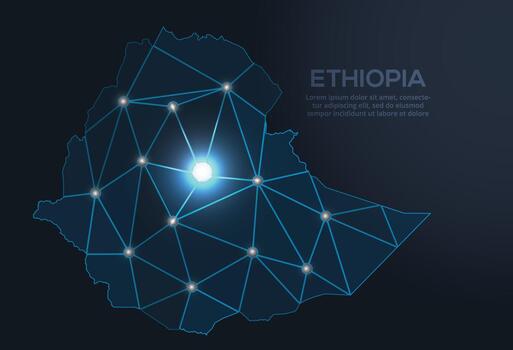 Geometric low-poly depiction of Ephiopia, showing illuminated cities and population clusters as sparkling dots and space-inspired stars. digital communication network vector