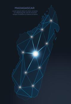 Geometric low-poly depiction of Madagascar, showing illuminated cities and population clusters as sparkling dots and space-inspired stars. digital communication network vector