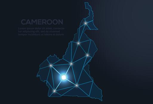 Geometric low-poly depiction of Cameroon, showing illuminated cities and population clusters as sparkling dots and space-inspired stars. digital communication network vector