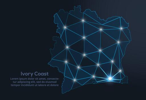 Geometric low-poly depiction of Ivory Coast, showing illuminated cities and population clusters as sparkling dots and space-inspired stars. digital communication network vector