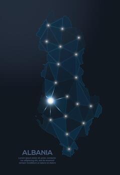 Geometric low-poly depiction of Albania, showing illuminated cities and population clusters as sparkling dots and space-inspired stars. digital communication network vector