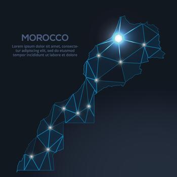 Geometric low-poly depiction of Morocco, showing illuminated cities and population clusters as sparkling dots and space-inspired stars. digital communication network vector