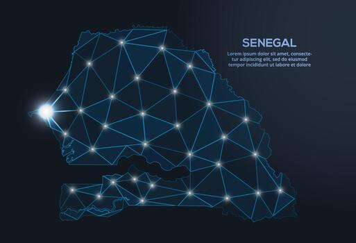 Geometric low-poly depiction of Senegal, showing illuminated cities and population clusters as sparkling dots and space-inspired stars. digital communication network vector