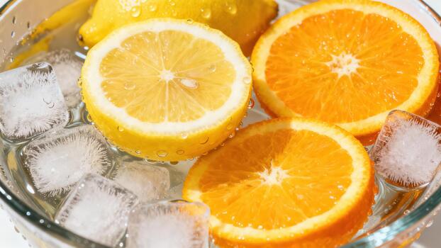 Refreshing citrus slices and ice cubes in a transparent bowl, showcasing vibrant yellow lemons and orange circles, creating a bright and chilled summer beverage presentation. photo