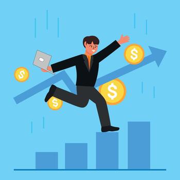 Businessman running on the graph chart with money falling from the bar vector