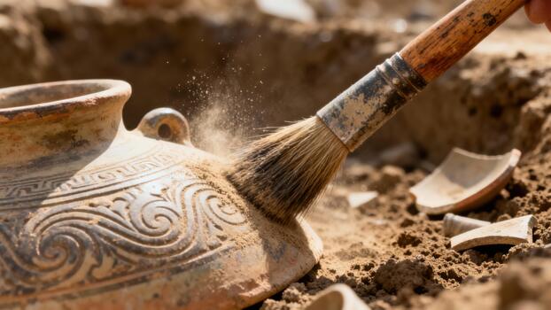 Paintbrush gently cleaning dust off an unearthed terracotta pottery jar fragment featuring ancient scrolling and geometric relief patterns. photo