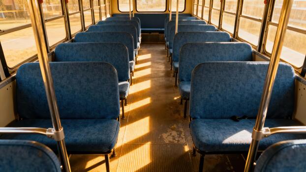 Rows of unoccupied blue fabric seats inside a vintage public transport bus illuminated by warm afternoon sunlight. photo