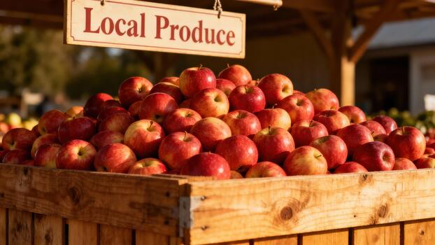 abundancia de recién escogido rojo manzanas apilado alto en un de madera monitor compartimiento abajo un rústico granja estar signo. foto