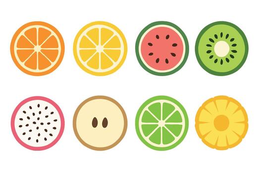Fruta rebanadas plano icono colocar. vistoso colección de redondo secciones cruzadas de varios frutas vector