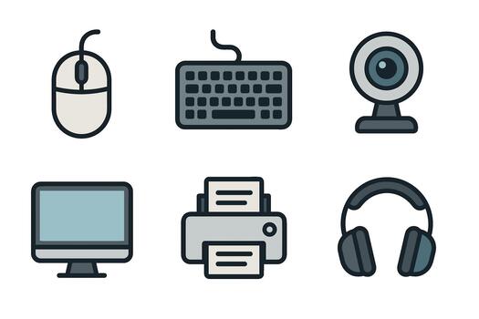 computadora periféricos y oficina equipo icono colocar. colección de ratón, teclado, monitor, y impresora simbolos vector