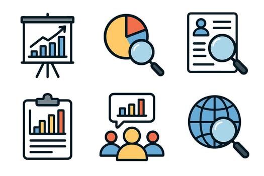 datos análisis y negocio investigación icono colocar. símbolos para Estadísticas, mercado informe, y global analítica. vector