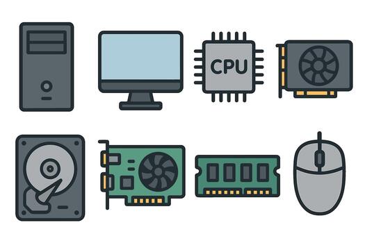 computadora hardware y ordenador personal componentes icono colocar. colección de partes para edificio y mejorando un escritorio computadora. vector