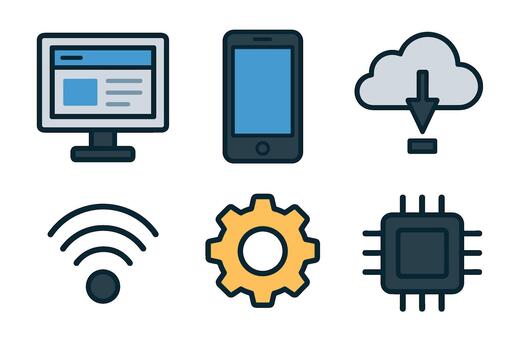 tecnología y red icono colocar. sencillo símbolos para computadora, Internet, y móvil dispositivos. vector