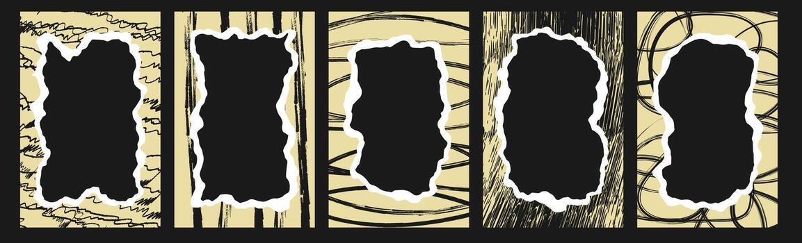 Set of cut out paper frames elements. Collage scrapbook borders with crayon drawn doodles and patterns. Black ink elements vector