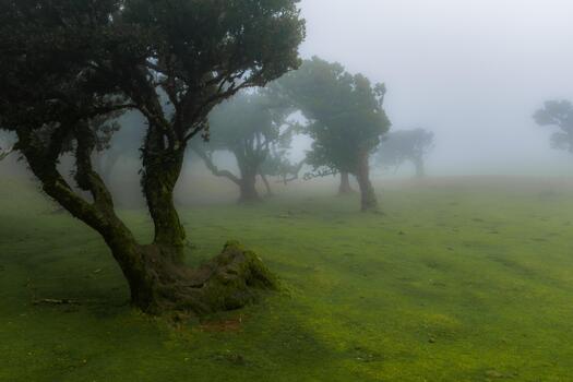 Gnarled laurel trees stand in fog at Fanal, Madeira, Portugal. Twisted trunks rise from vivid grass under soft light on an overcast day, with muted tones and low visibility. photo