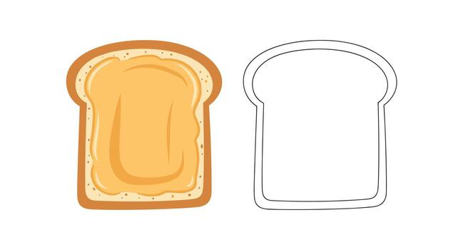 A colorful illustration of a slice of toast generously spread with peanut butter, presented alongside its black and white outline version for coloring. vector