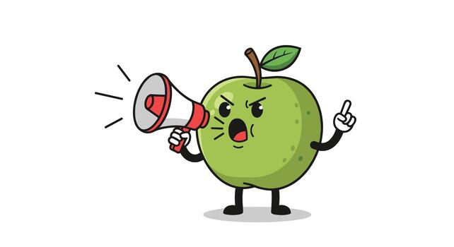 An angry cartoon green apple character with a furious expression, loudly shouting into a red and white megaphone. vector