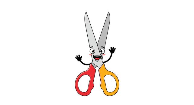 A vibrant cartoon character of an open pair of scissors with a happy face, cheerfully waving its hands. vector