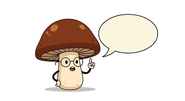 un inteligente dibujos animados seta personaje con un inteligente expresión, vistiendo lentes y señalando hacia arriba con un blanco habla burbuja. vector