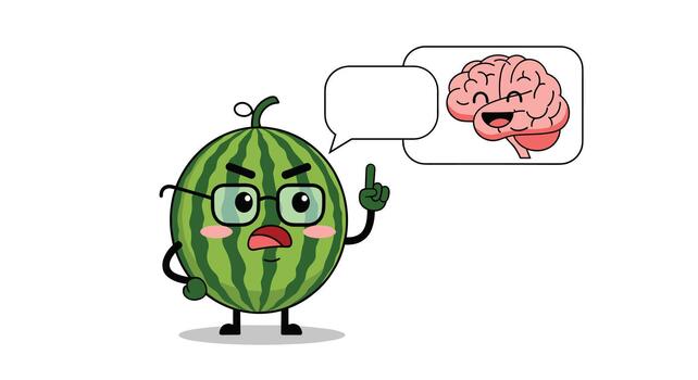un enojado dibujos animados sandía personaje vistiendo lentes y señalando, con un pensamiento burbuja demostración un feliz, sonriente cerebro. vector