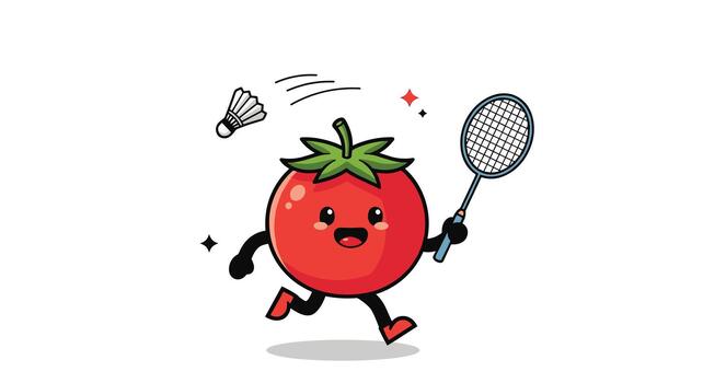 A cheerful cartoon tomato character with a joyful expression, enthusiastically running and playing badminton with a racket and shuttlecock. vector