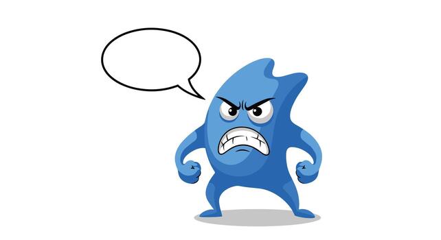 Furious cartoon blue monster character with clenched fists and an angry expression, featuring a blank speech bubble for custom text. vector