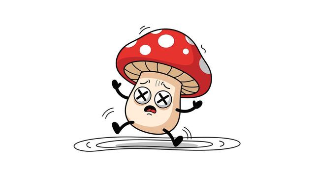 A distressed cartoon mushroom character with X-ed out eyes, comically falling into a dark hole and looking surprised. vector