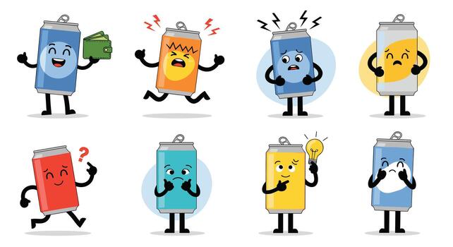 A collection of eight vibrant cartoon soda can characters displaying various emotions and actions, from playful to worried. vector
