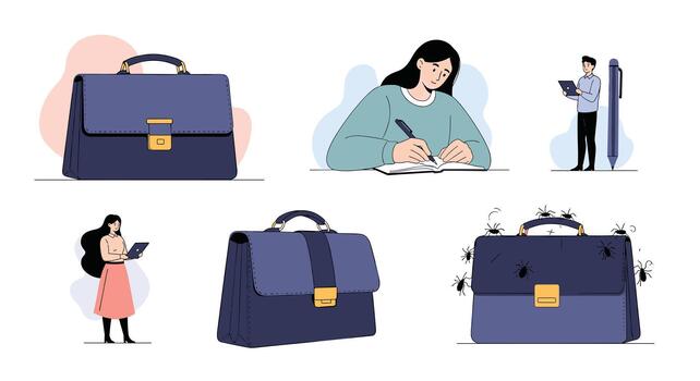 A diverse set of business briefcase illustrations featuring people interacting with them, such as writing and looking at phones, along with a bug-infested case. vector