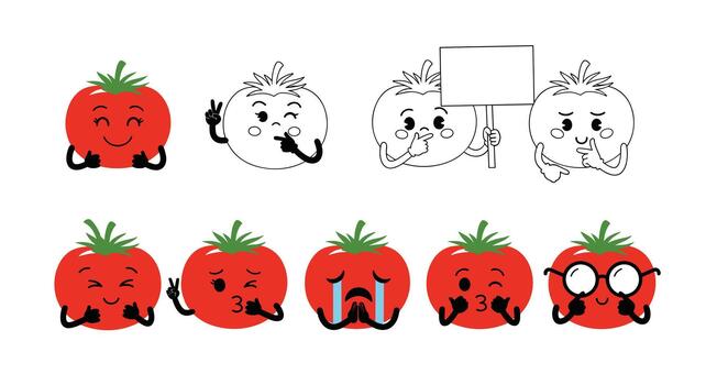 Comprehensive set of cartoon tomato characters displaying a wide array of emotions and actions, from joyful to thoughtful and tearful. vector