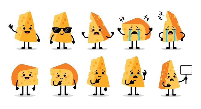 Delightful collection of cartoon cheese characters showcasing a spectrum of emotions and engaging actions, from joy to sadness and protest. vector