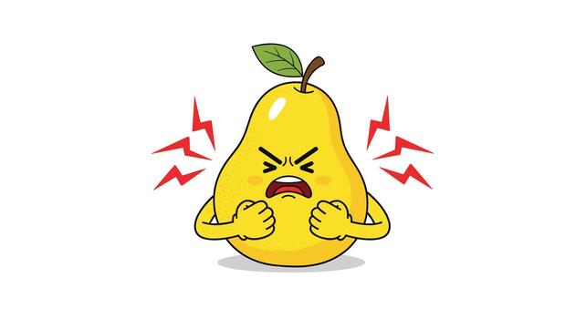An intensely angry cartoon pear character with a furious expression, clenching its fists and radiating frustration. vector