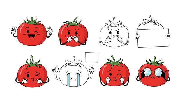 A diverse set of animated tomato characters depicting a wide range of emotions and actions, presented in both full color and black and white outlines. vector
