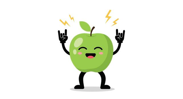 Energetic cartoon green apple character showing rock and roll hand gestures with lightning bolts, representing vibrancy and a cool attitude. vector