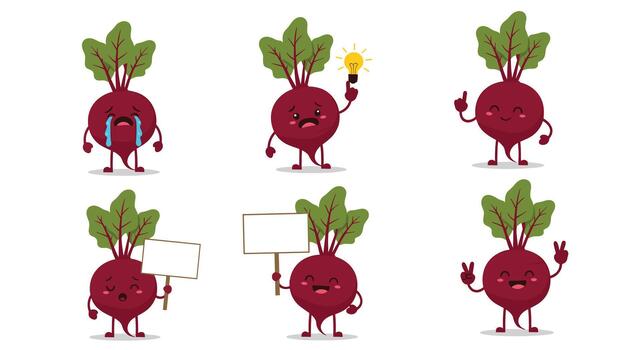 Engaging collection of cartoon beetroot characters showing a range of emotions and actions, from sadness to brilliant ideas and peace. vector