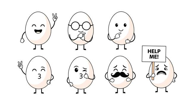 Expressive set of cartoon egg characters displaying a diverse range of emotions, from cheerful to sad, thoughtful, and playful. vector