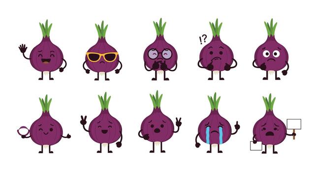 A playful collection of animated red onion characters displaying a wide range of emotions, from cool and thoughtful to sad and crying. vector