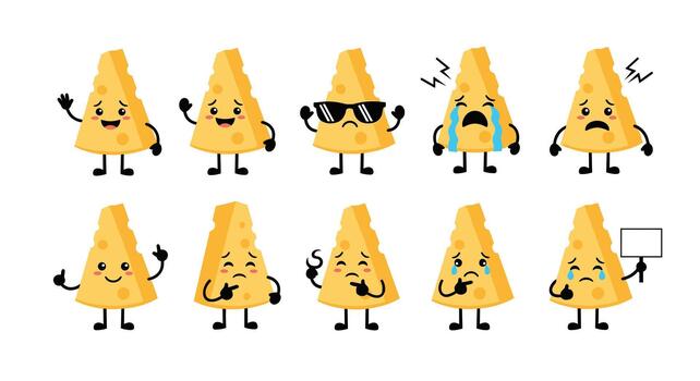 A delightful collection of animated cheese wedge characters displaying a wide range of emotions, from cool and happy to crying and thoughtful. vector