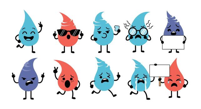 Diverse set of cute cartoon water drop characters displaying a wide range of emotions and expressions, from happy to sad and angry. vector