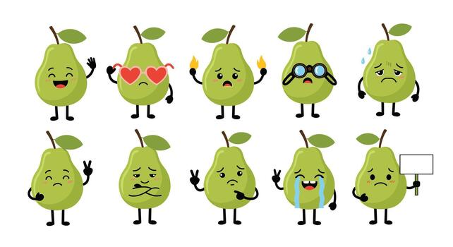 A playful collection of animated green pear characters displaying a diverse range of emotions and actions, from loving and worried to sad and crying. vector