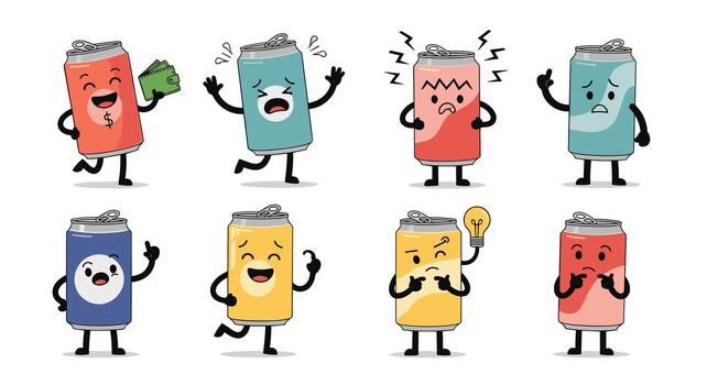 A collection of eight charming cartoon soda can characters displaying various emotions and actions, from happy to angry. vector