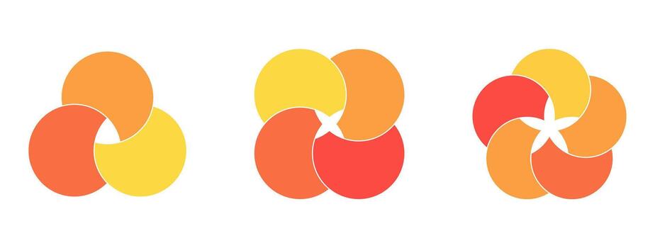Graphical Venn diagram infographic sections. Overlapping circle shapes circles chart line set. Venn diagrams with overlapping circles, showing a common area, infographic presentation vector