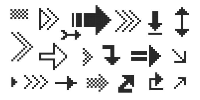 Pixel arrow set. Pixel art different directions 8 bit gaming console style sign. Interface icon collection. vector