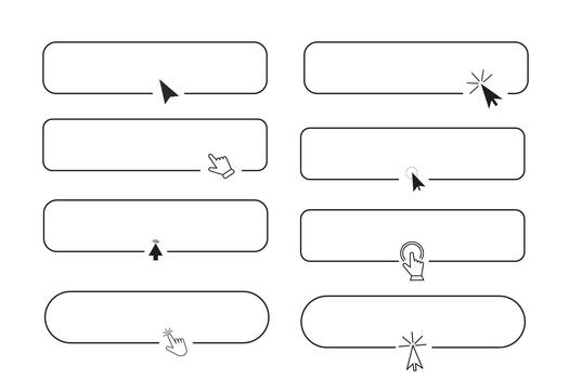 Registrarse ahora conjunto línea marco frontera con flecha, ratón puntero, botón hacer clic aquí, acción para web, sencillo ui ux diseño elemento. prensa, buscar caja. vector