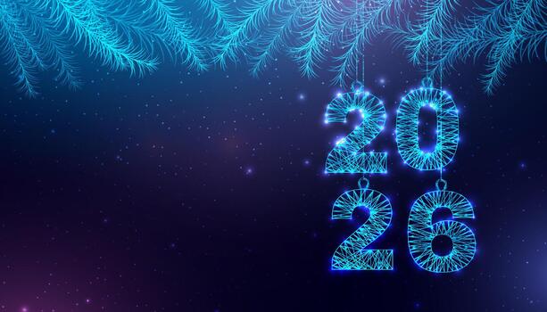 Postcard Happy New Year 2026. Low poly Christmas fir branches. Numbers from a polygonal wireframe. Abstract illustration on a dark background. vector