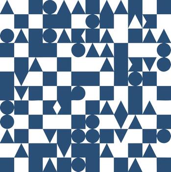 resumen geométrico sin costura modelo con diverso formas incluso círculos, triangulos, y cuadrícula en un sorprendentes azul y blanco tablero de damas antecedentes diseño vector