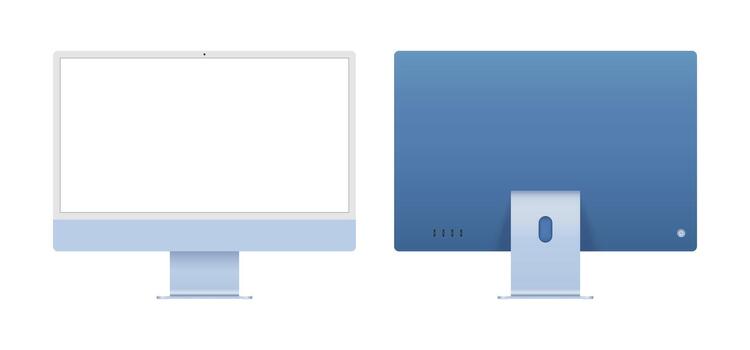 24 pulgada escritorio computadora frente y espalda ángulo Bosquejo modelo para anuncio y producto escaparate. azul color ordenador personal dispositivo blanco pantalla ilustración vector