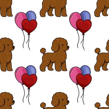 un encantador sin costura modelo presentando juguetón marrón caniches y un racimo de vistoso globos, incluso un rojo corazón conformado uno, conjunto en contra un limpiar blanco antecedentes. vector