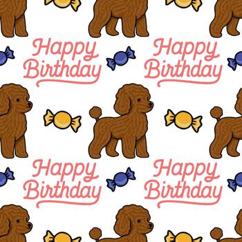 Seamless pattern featuring playful brown poodles and colorful candies, with a Happy Birthday greeting in a charming script font, perfect for celebratory designs. vector