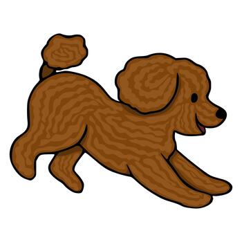 A playful brown poodle in a dynamic running pose, rendered as a charming illustration with a distinct, textured coat and a simplified, friendly expression. vector